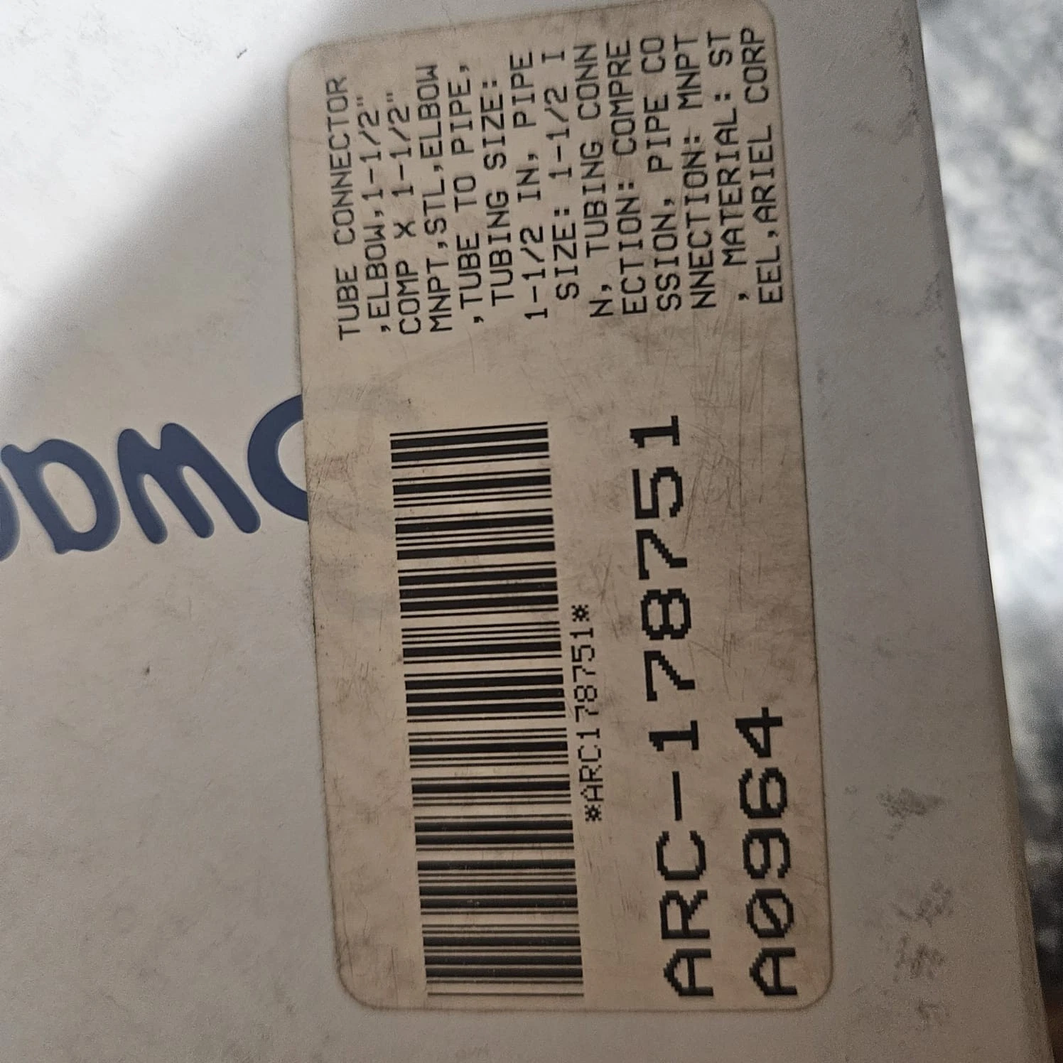NEW ARIEL COMPRESSOR PART # A-0964/A-2321-ARI, MALE ELBOW,SS, 1-1/2T X 1-1/2P