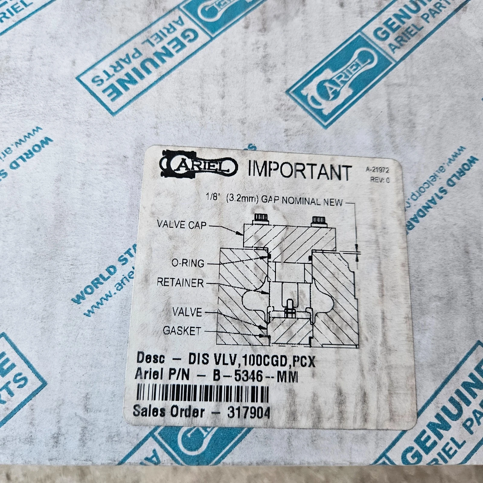 NEW Ariel Compressor Discharge Valve,B-5346-MM DIS VLV,100CGD,PCX