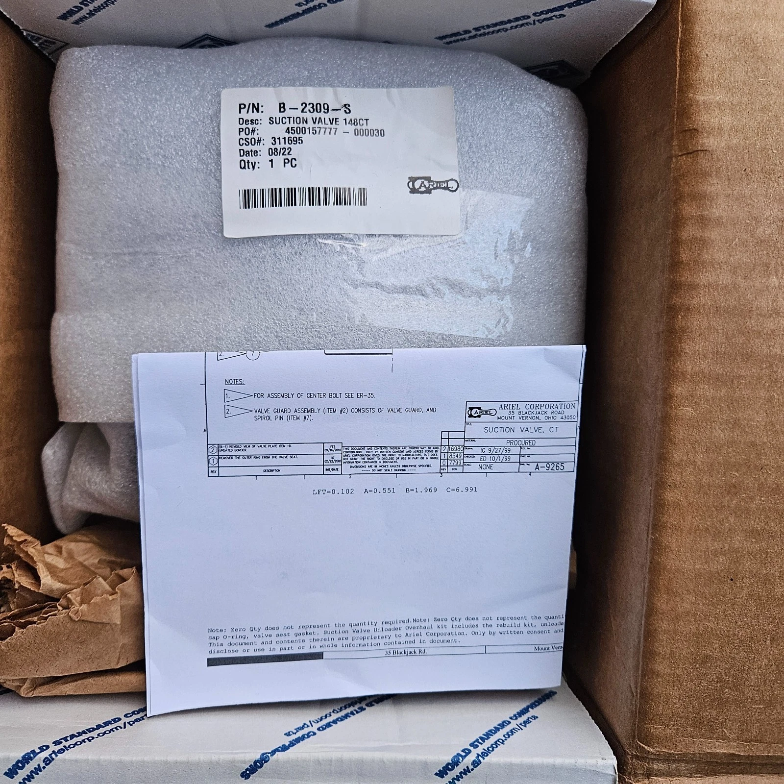 New Ariel OEM 148CT Suction Valve PN B-2309-S